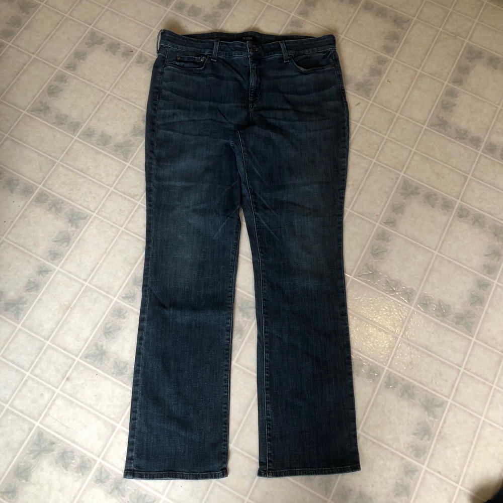 NYDJ Marilyn Straight Lift x Tuck Womens Jeans Dark  Distressed Wash Size 16